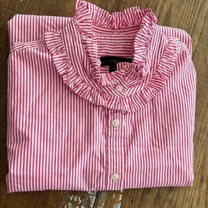 EUC J Crew Pink Striped Ruffle Collar Blouse Size M